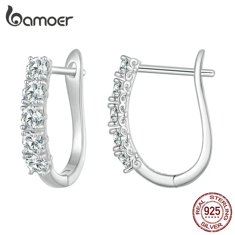 Bamoer 1.0CT Moissanite Ear Buckles 925 Sterling Silver U-Shaped Hoop Earrings for Women Valentine\'s Day Jewelry Gift