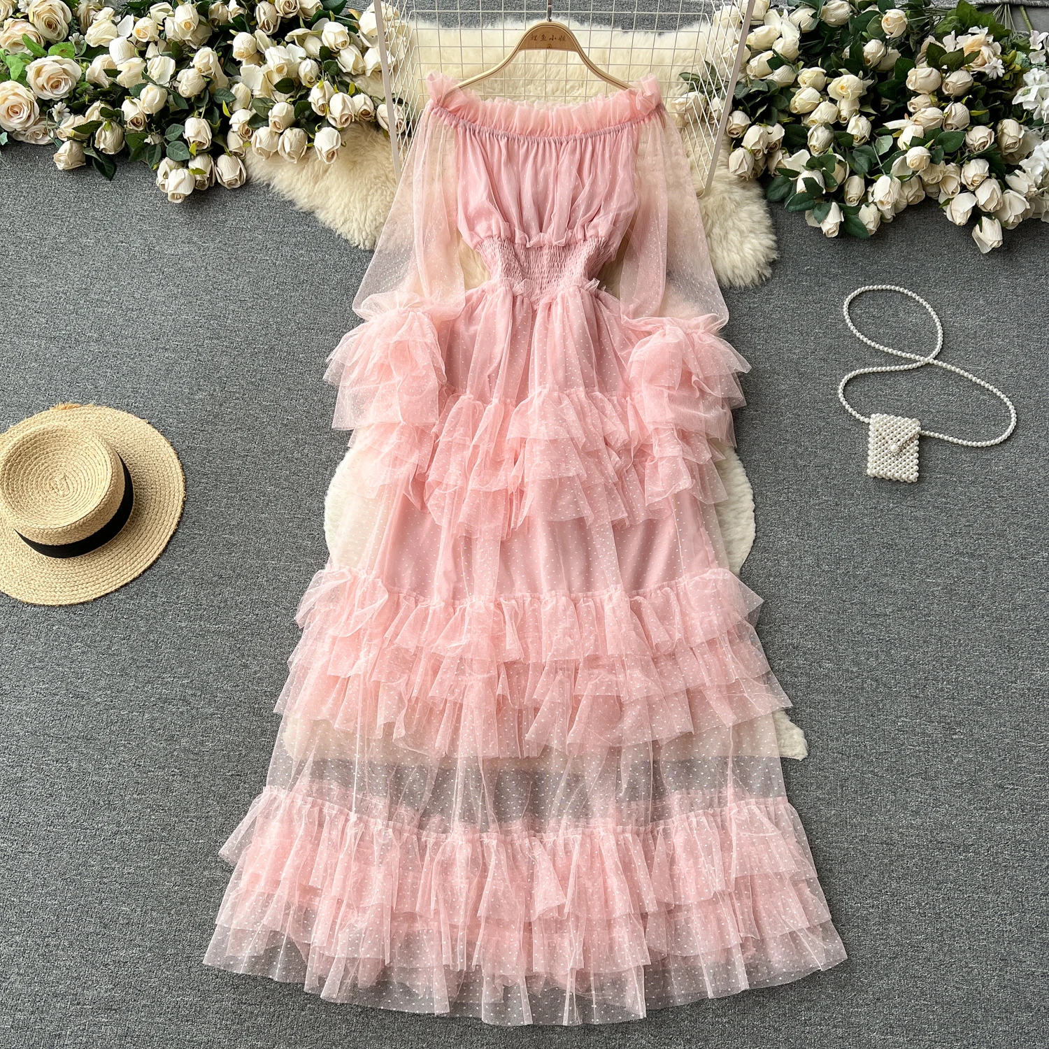 

Summer Autumn Slash Neck Ruffles Mesh Dress Women Sweet Puff Long Sleeve Lace Dresses Female A Line Large Hem Long Cake Vestidos