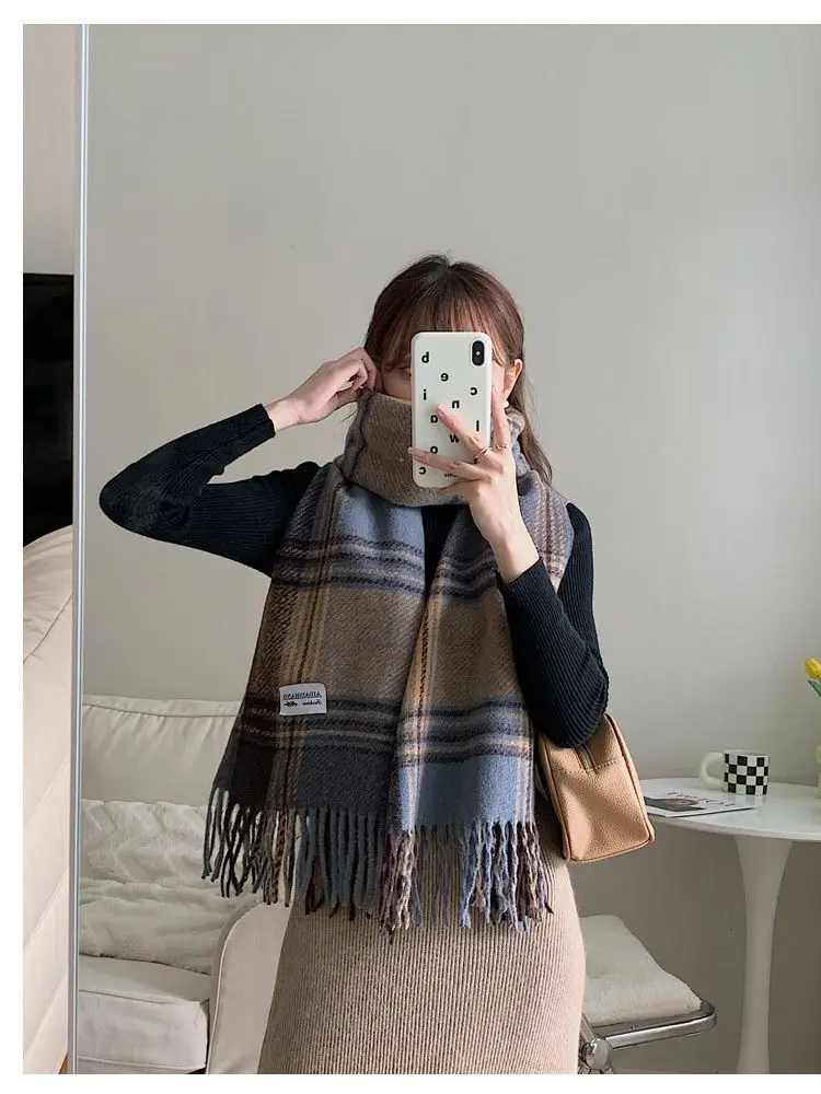 

Plaid Scarf Women's Winter 2022 New Korean Fashion Tassel Thickened Warm Shawl Dual-purpose Wild Scarf bufandas invierno mujer