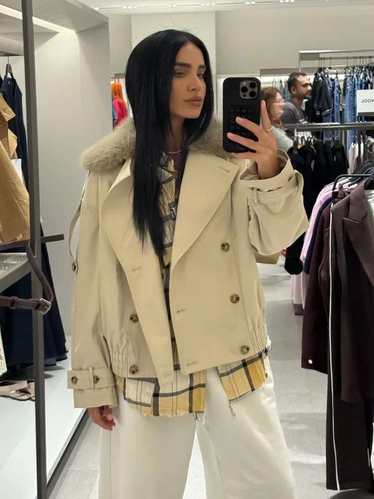 

Chic Fur Collar Short Windbreaker Coat Women Fashion Double Breasted Pocket Loose Jacket Autumn Daily Commuting Office Outerwear