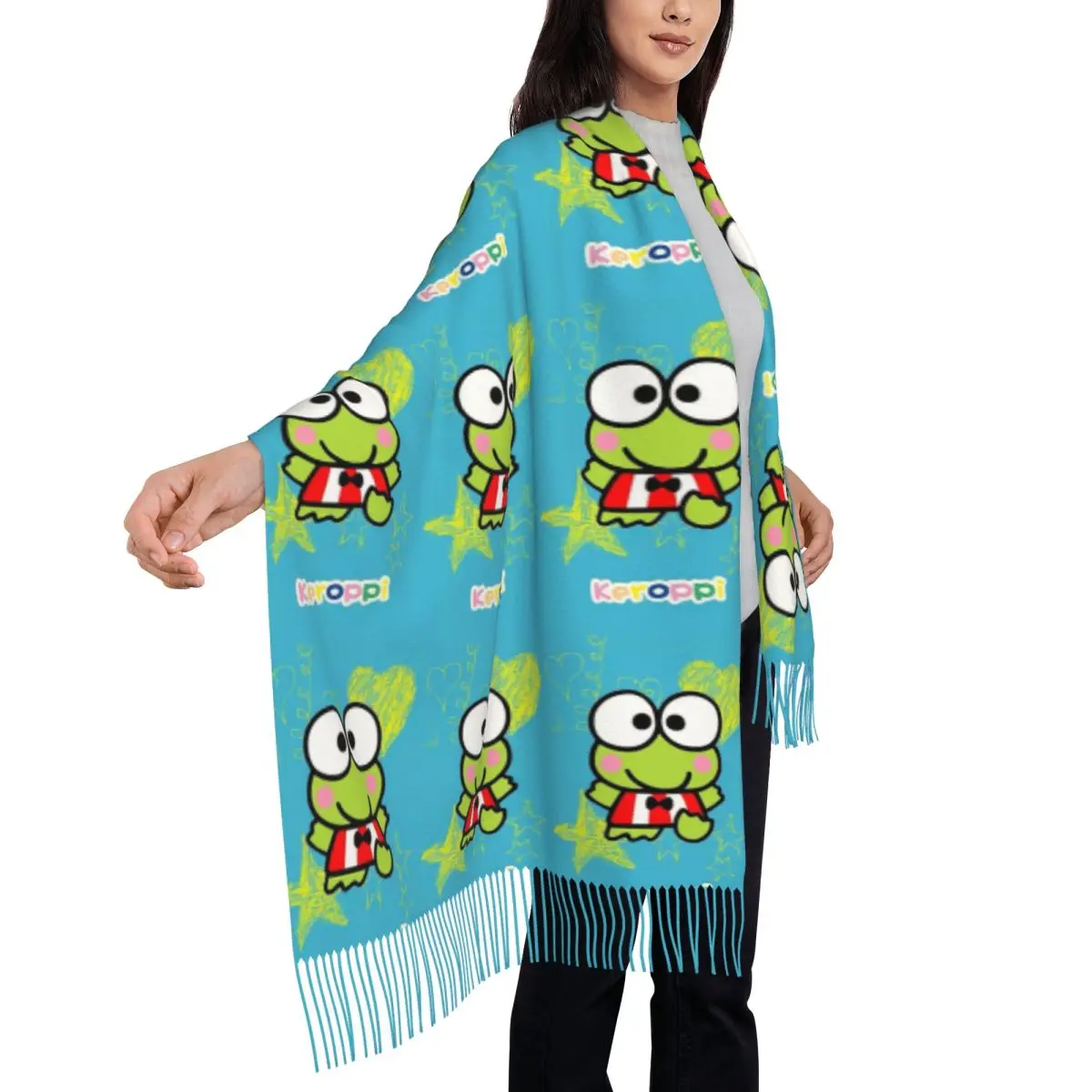 Bufanda de borla de Keroppi personalizada para mujer, chal cálido de invierno, bufandas de Dama