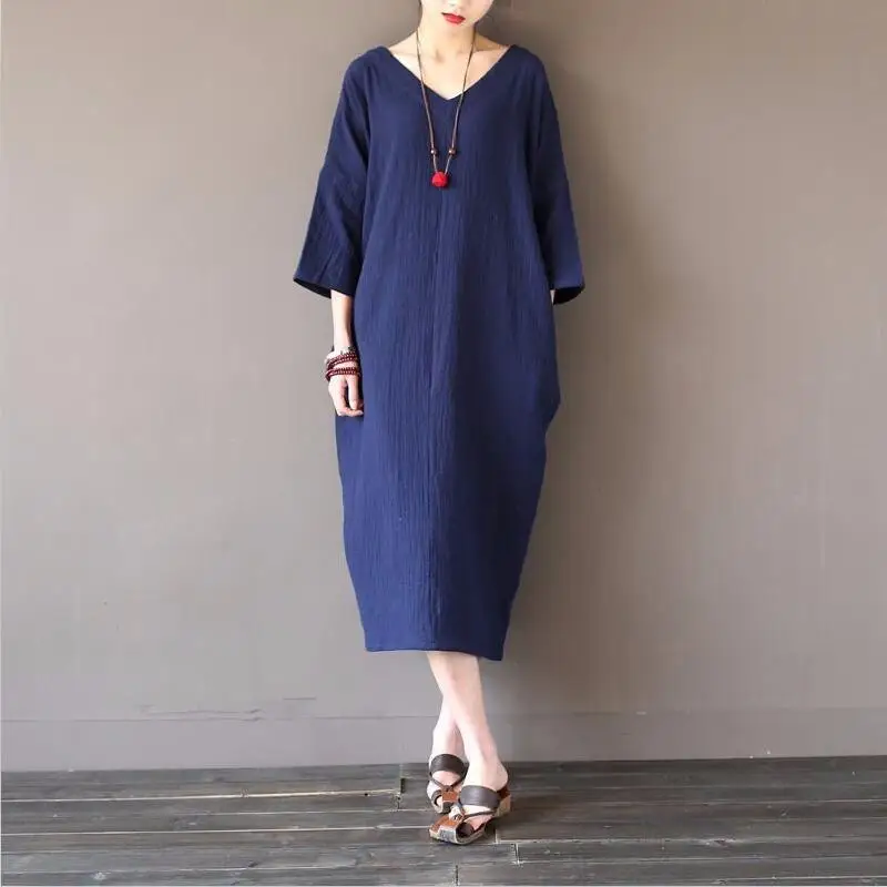 Sukienki z lnu i bawełny na jesień 2026 dla kobiet, plus size, nowe, vintage, luźne, z rękawem trzy czwarte, długie sukienki oversize 5XL 6XL — zdjęcie 5