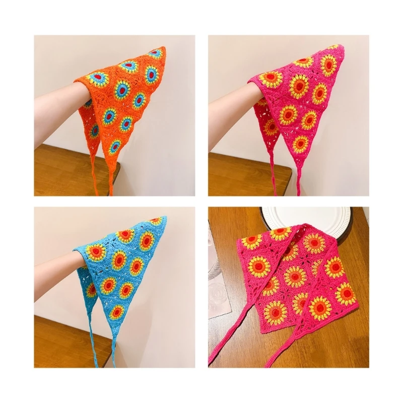 

Elegant Flower Pattern Hair Kerchief Crochet Bandanas Tie Back Headwrap