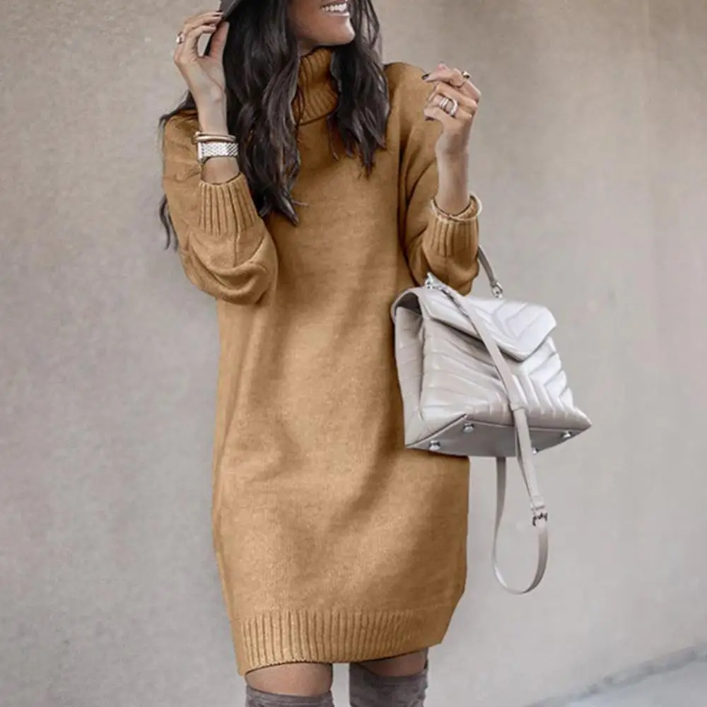 Loose Women Dress Knee-length Dress Long Sleeve Autumn Turtleneck Warm Knitted Sweater Knee-length Dress