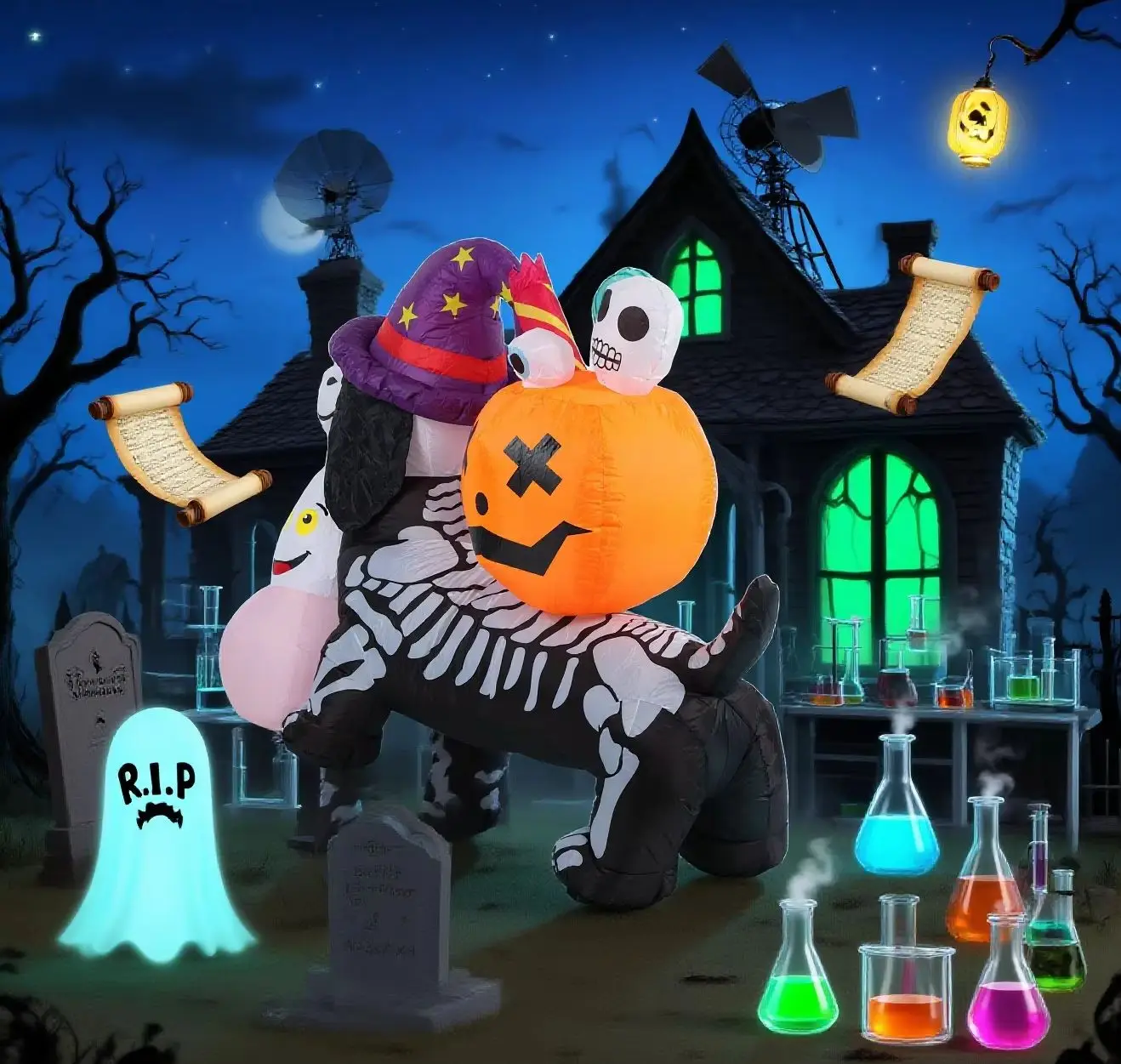 5ft / 1.5m Halloween Inflatable Skeleton Dog with Witch Hat, Pumpkin & Ghost, LED Light Up Yard Decoration 2