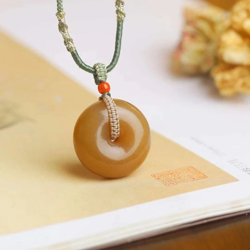 Natural Hetian Jade from Qemuo, Old -Colored , Full Red Sugar Jadeite Peace Pendant
