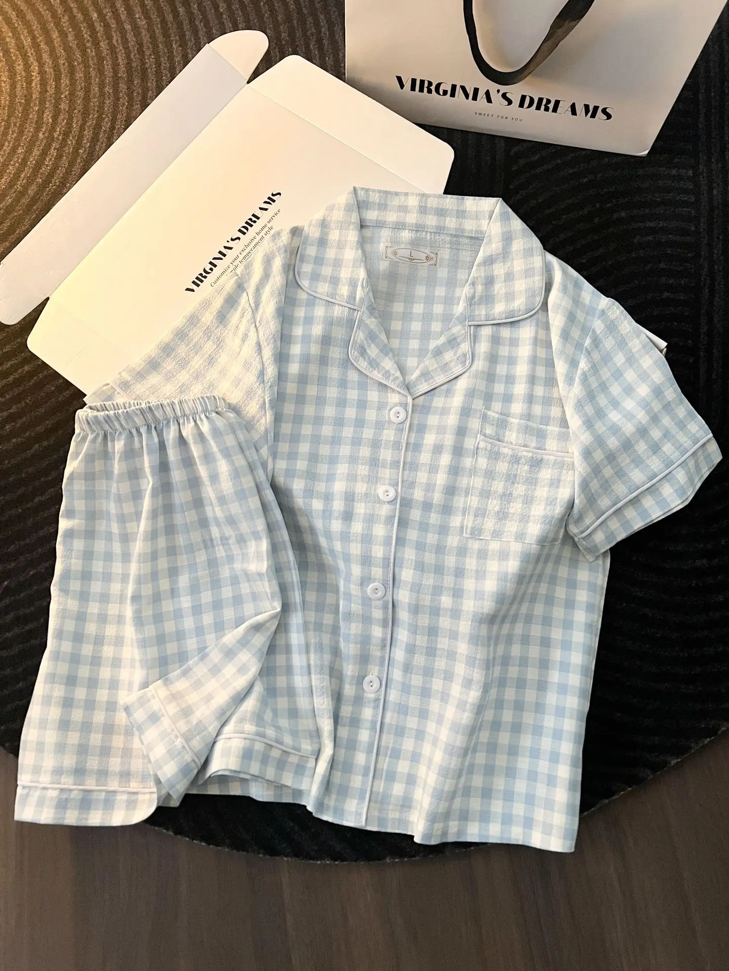 Ins japanischer minimalistischer Damen-Pyjama im japanischen Stil, Sommer-Pyjama aus Blasenbaumwolle, süßes Mädchen-Set mit lockeren Kurzarm-Shorts, lockeres Sommer-Outfit-Set – Detail 34