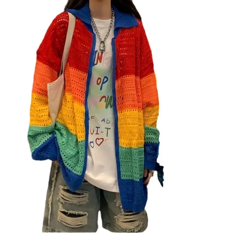 

Color Blo Knitwear Women's Spring Autumn Loose Lazy Hollow out Cardigan Top Coat Street Sle Polyester Cotton Blend