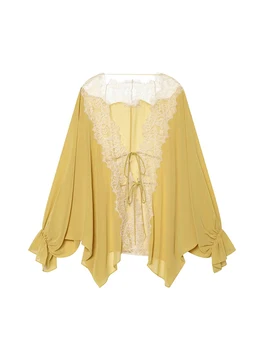Lace Lantern Sleeve Blouse 3 TFMLN Women Lace Patchwork Lantern Long Sleeve Shirt Top Tie-up Loose Sheer Blouse Elegant Irregular High Street Fashion Lady 3