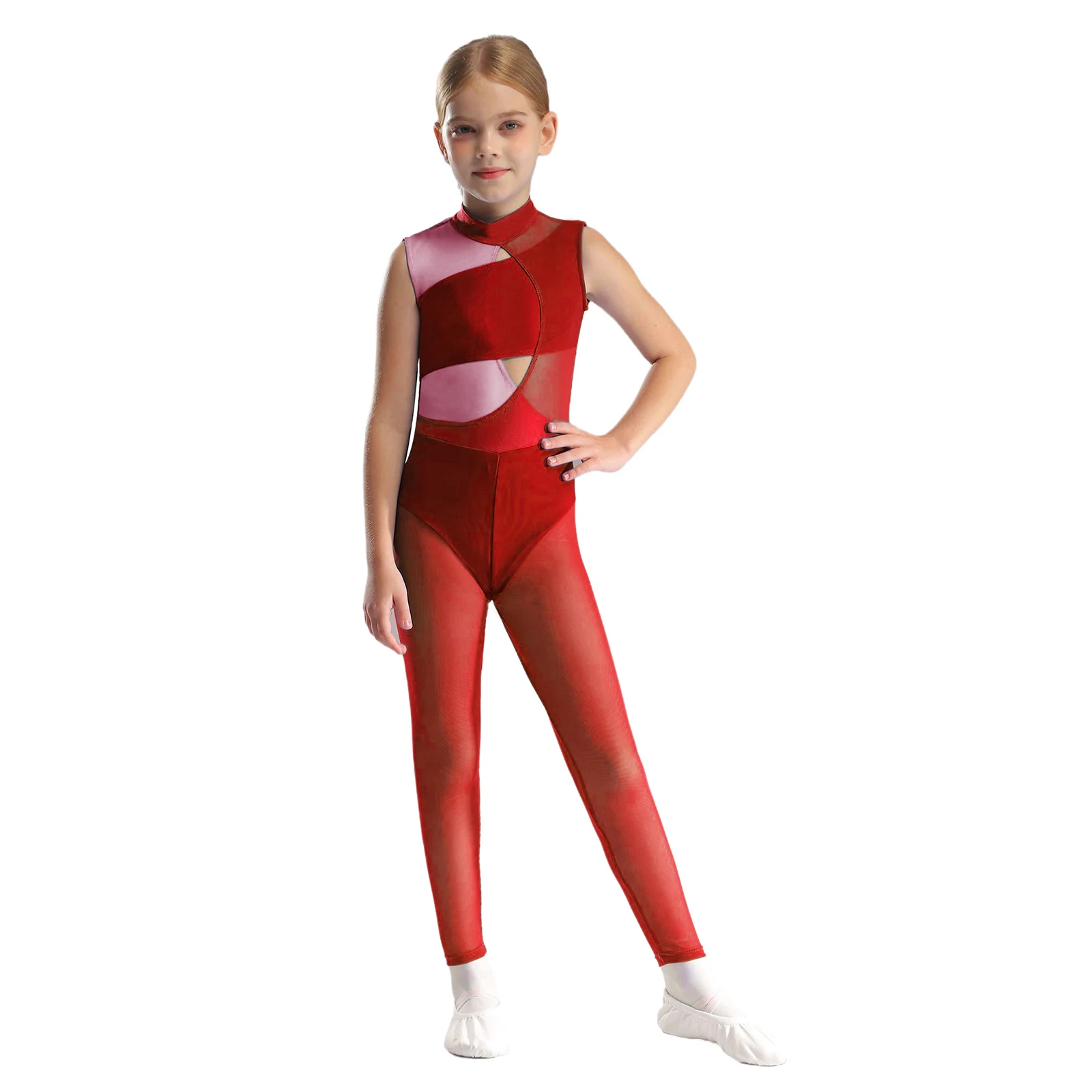 Kids Girls Gymnastics Bodysuit Color Block Patchwork Mesh Jumpsuit Mock Neck Sleeveless Cutout Acrobatics Yoga Workout Rompers