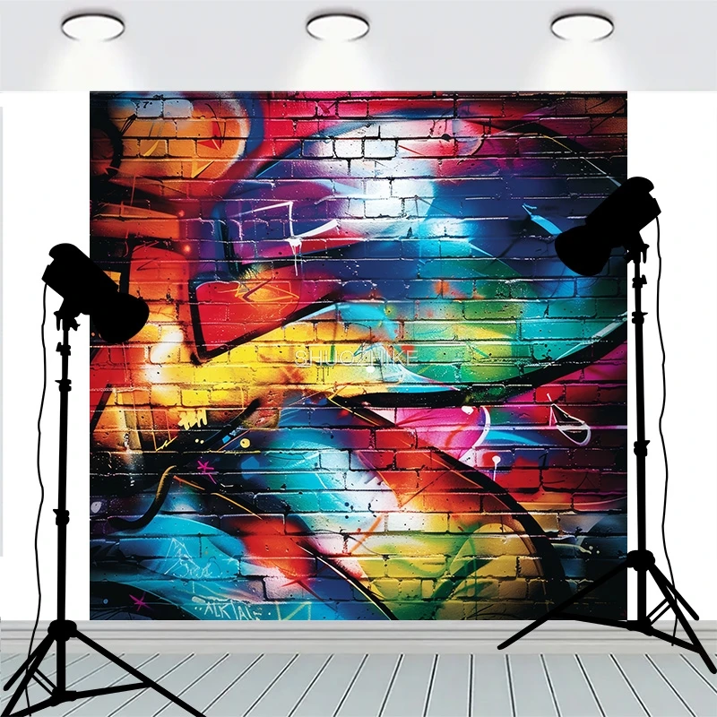 

Graffitistyle Rainbow Painted Brick Wall Background Damaged Rustic Texture Vibrant Grunge Photography Backdrops BK-18