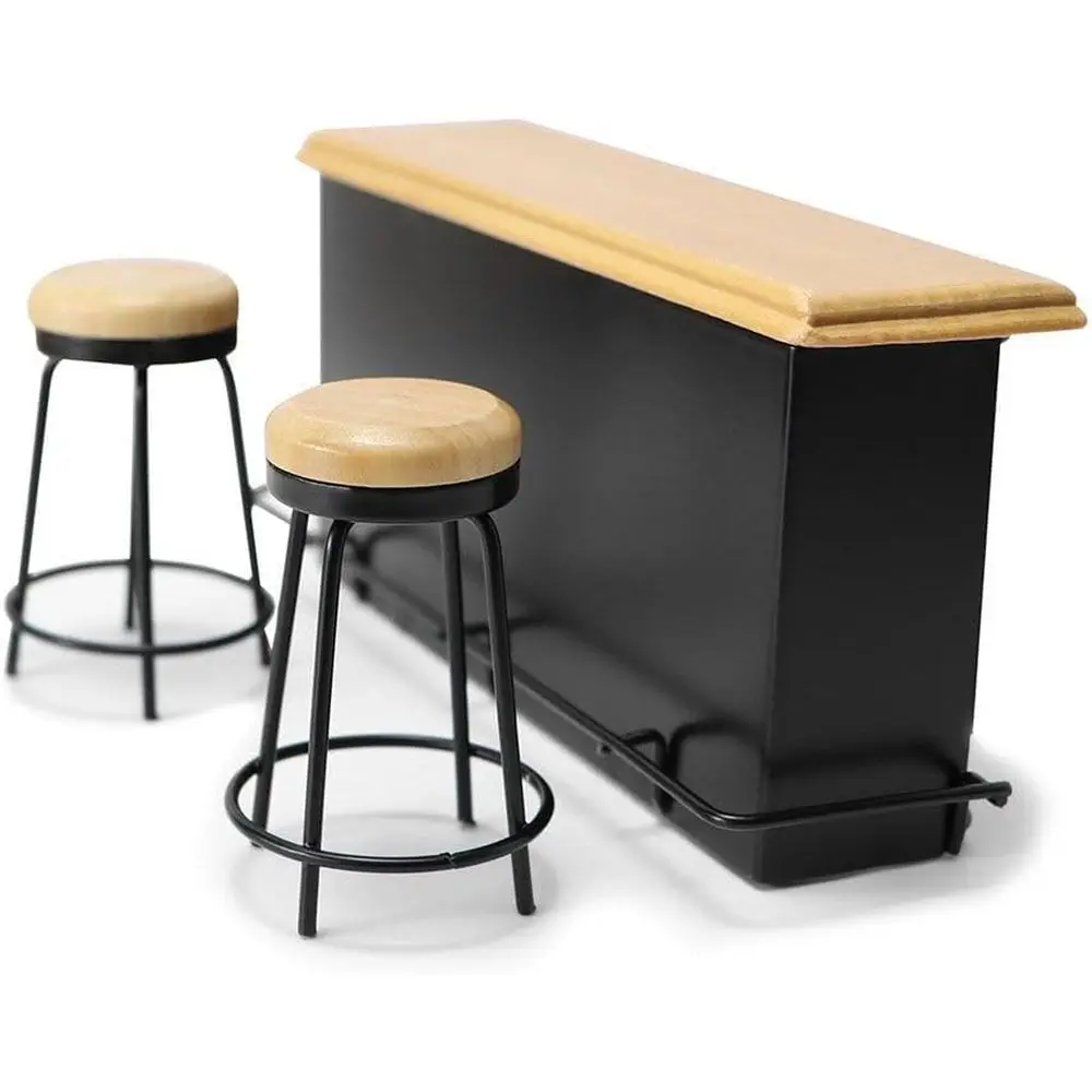 

1:12 Scale Metal Bar Table & Chair Set with Wooden Tops, Pub Miniatures, Bar Stool, Dining Coffee Table for Desk Decor