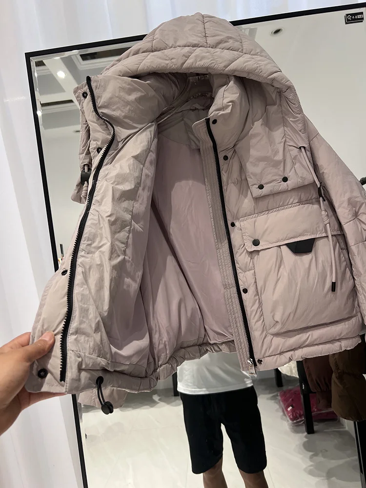 2025 new women's Korean version fashion hooded large pocket multi button versatile short style white duck down jacket