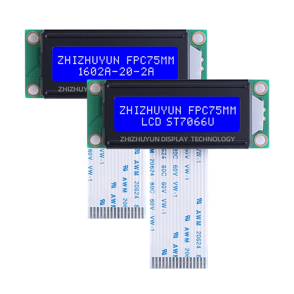 1602A-20-2A หน้าจอตัวละคร FPC75MM หน้าจอ LCD เกรดอุตสาหกรรม16*2ฟิล์มสีเทาสีเขียวมรกต3.3V