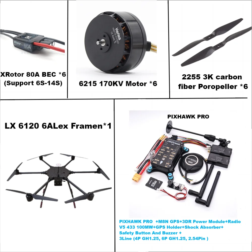 LX6120 Pixhawk PRO M8N Full Carbon Fiber 1200mm Hexa-Rotor Frame X-Roter 80A ESC PX4 Flight Control Set 6215 Motor