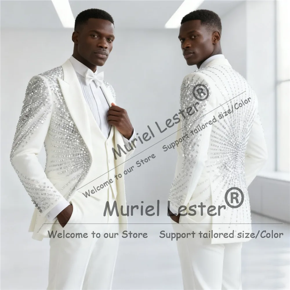 

Luxury Beaded Suit Attire For Men 3 Pieces Sets Wedding Groom Tuxedos Customized Prom Blazers Male trajes elegante para hombres