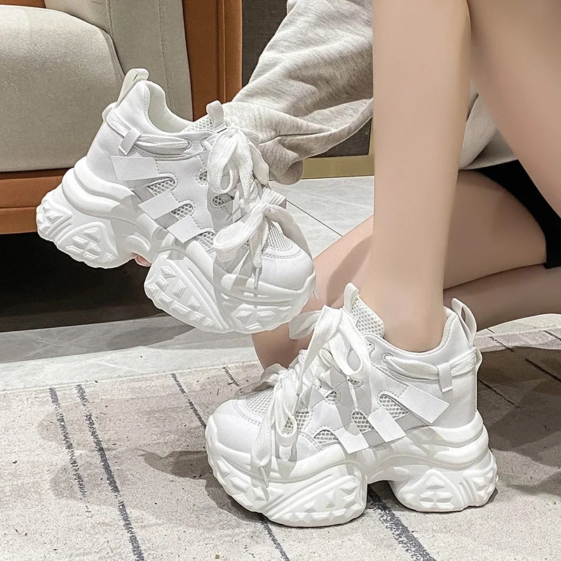 10CM Women Mesh Chunky Sneakers Autumn High Platform Shoes High Heels Wedges Casual Shoes Woman Breathable Sports Dad Sneakers