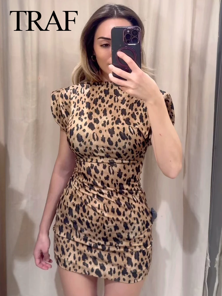 TRAF 2024 Woman Vintage Chic Leopard Print Sexy Sleeveless Dress Female Bodycon Summer Dresses Streetwear Casual Dresses