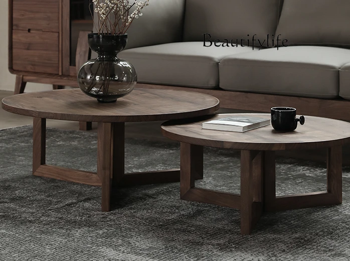 

Nordic Solid Wood Tea Table Combination Living Room round Side Table Small Apartment Black Walnut Wooden round Table