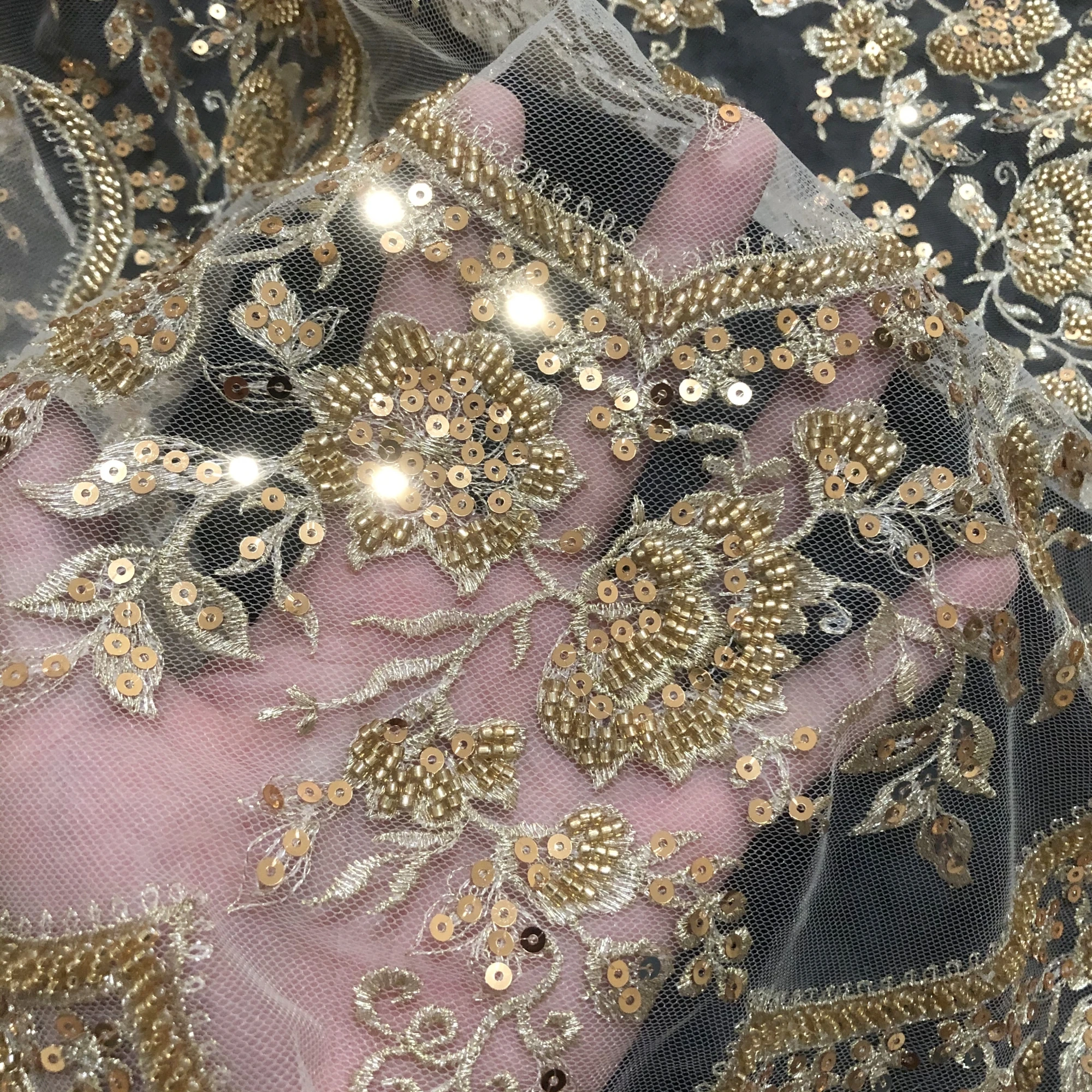 Luxury Gold Sequins High Density Bead Embroidery Custom Evening Dress Performance Lace Fabric