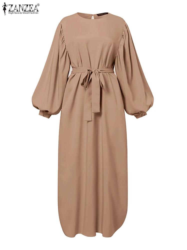 ZANZEA-vestido longo muçulmano para mulheres, abaya, vestido maxi com renda, manga comprida, gola O, vestido elegante do Ramadã, moda primavera, 2024