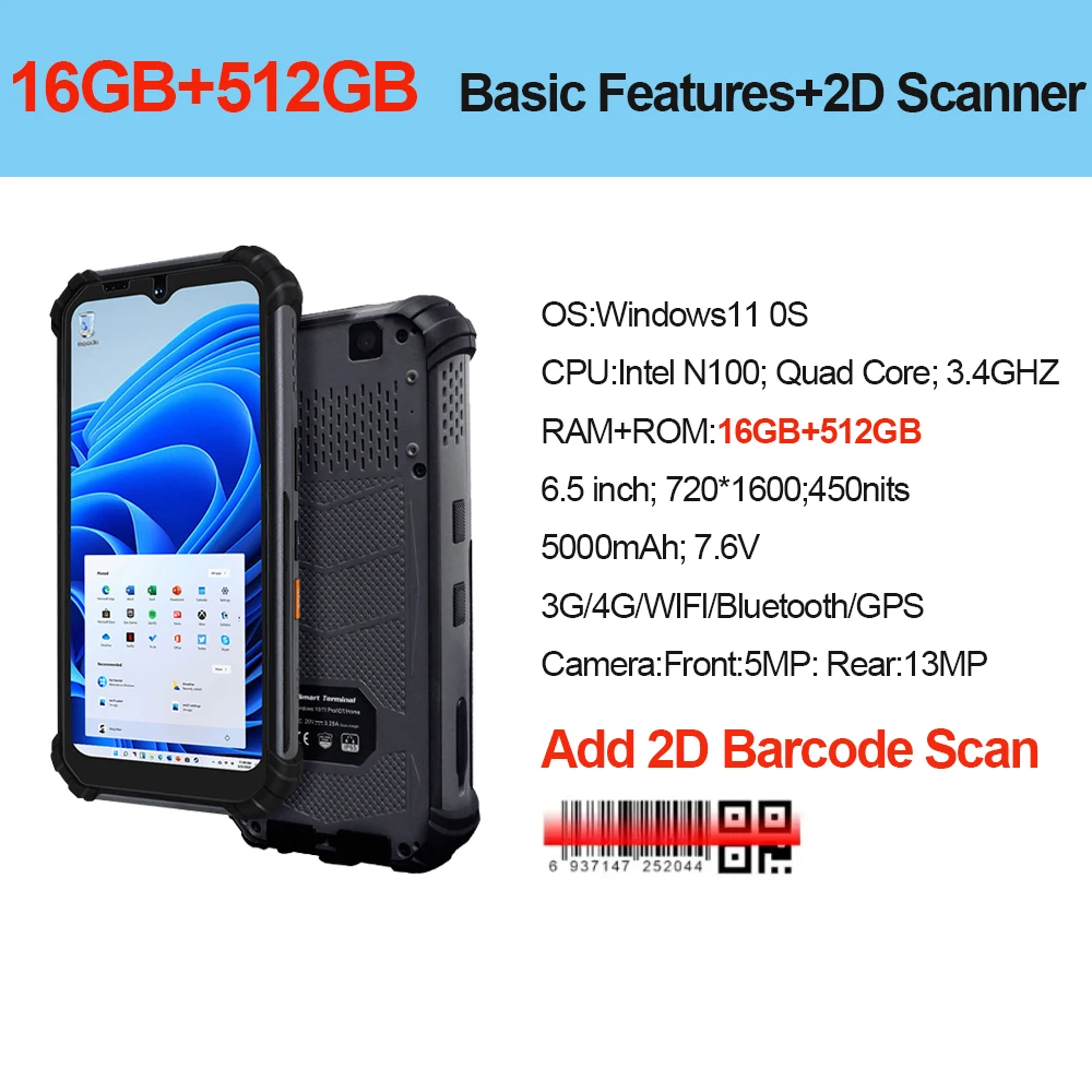 6,5" Robuuste PDA Windows 11 Pro 16G+512G Intel N100 IP67 Waterdicht 4G/WiFi/Bluetooth 10000mAh Snel opladen 2D-laadstation