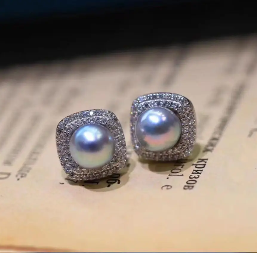

charming Pair of 8-9mm natural south sea gray pearl earring 925s