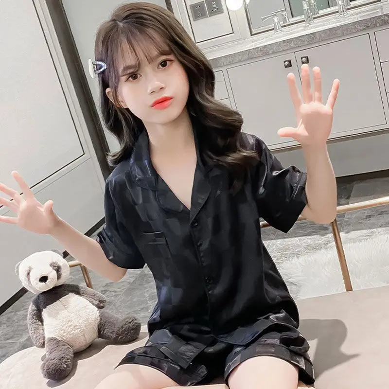 Girls Summer Short Sleeve Collared Pajama Set Loose Fit Ice Silk Loungewear Air Conditioning Home Wear