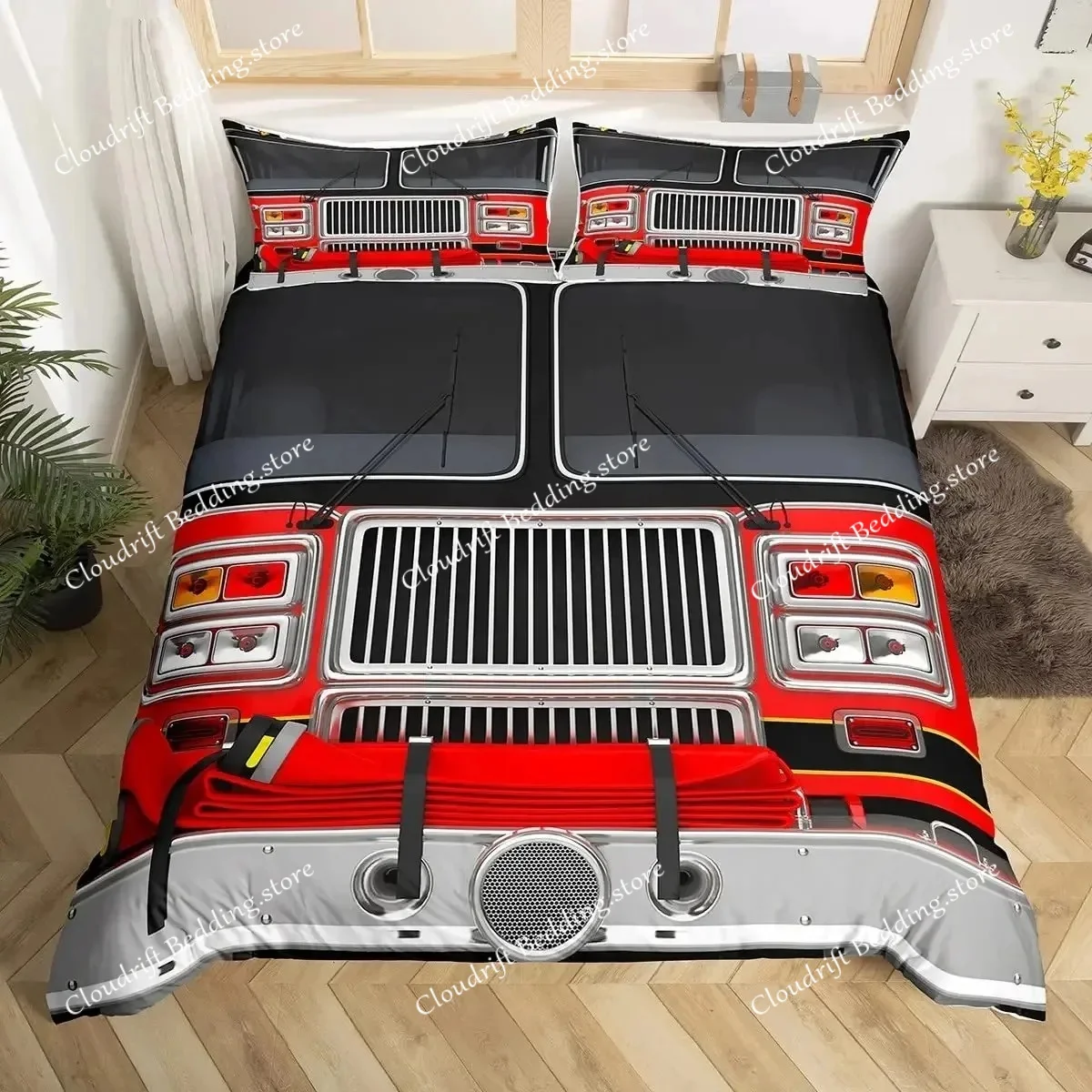 

Firefighter Car Duvet Cover Set,Fire Truck Bedding Set King, Honeycomb and Fire Comforter Cover Fire Engine Vehicle Quilt Cover