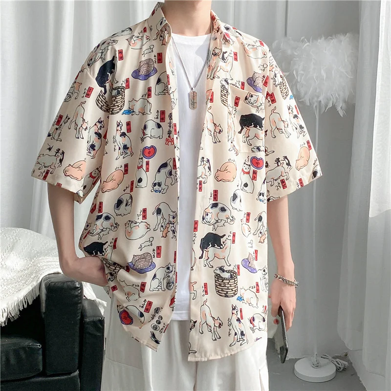 Summer Harajuku Cat Print Hawaiian Shirt Men Casual Loose Short Sleeve Vacation Beach Shirts Male All-Match Fashion Chemise