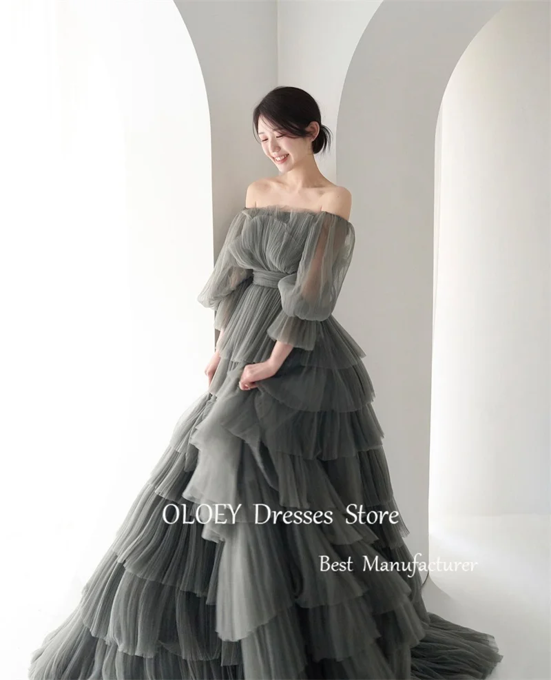 OLOEY Luxury Layered Tulle A Line Wedding Dresses Korea Photoshoot Puff Long Sleeves Strapless Garden Bridal Gowns Eveing Dress