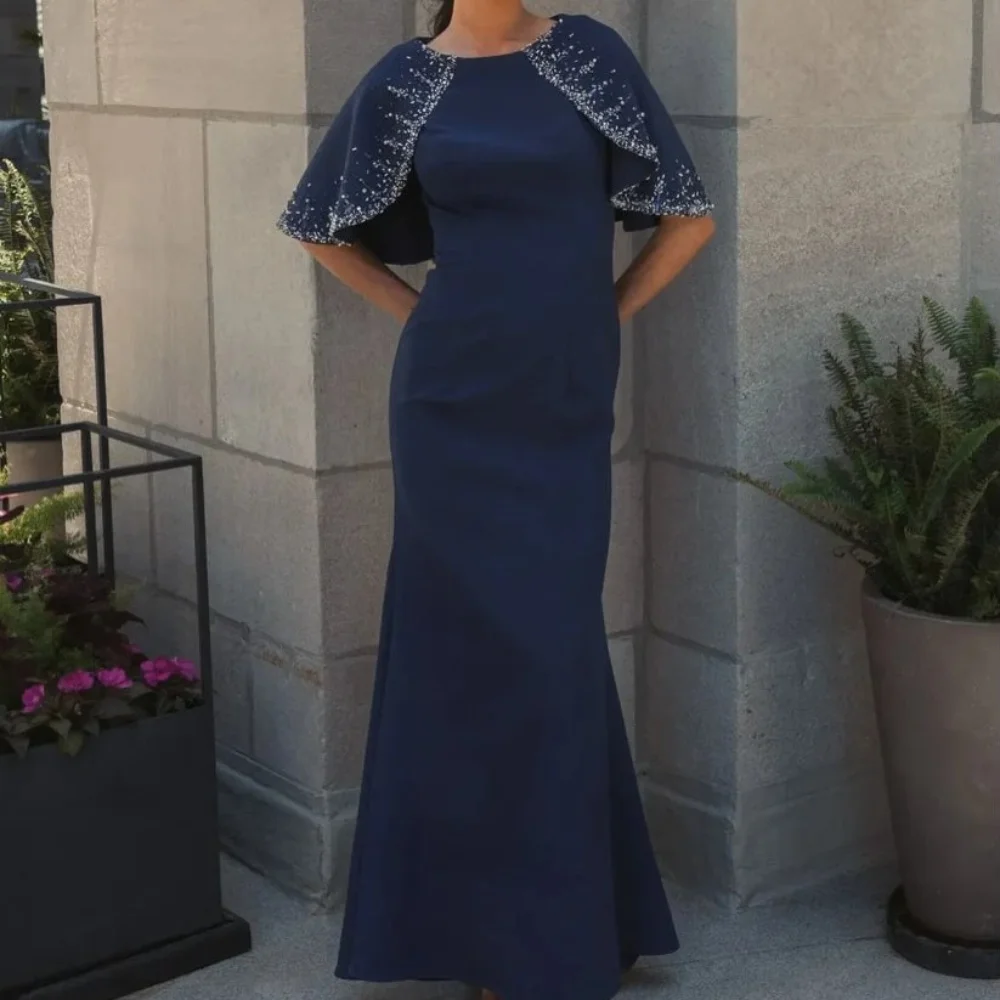 

Customized Navy Blue Matching Casual Jersey Pleat Ruched Beading Sequined Mermaid Scoop Neck Long Dresses Evening Dresses Retro