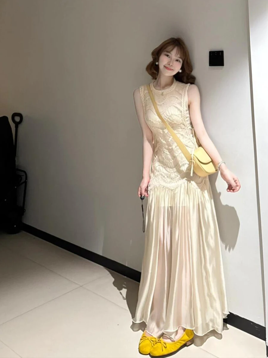 

French Balletcore Dress 2025 Summer Sheer Mesh Lace Plus Size Absurdism Aesthetic Beach Vacation Sleeveless Womens Fashion