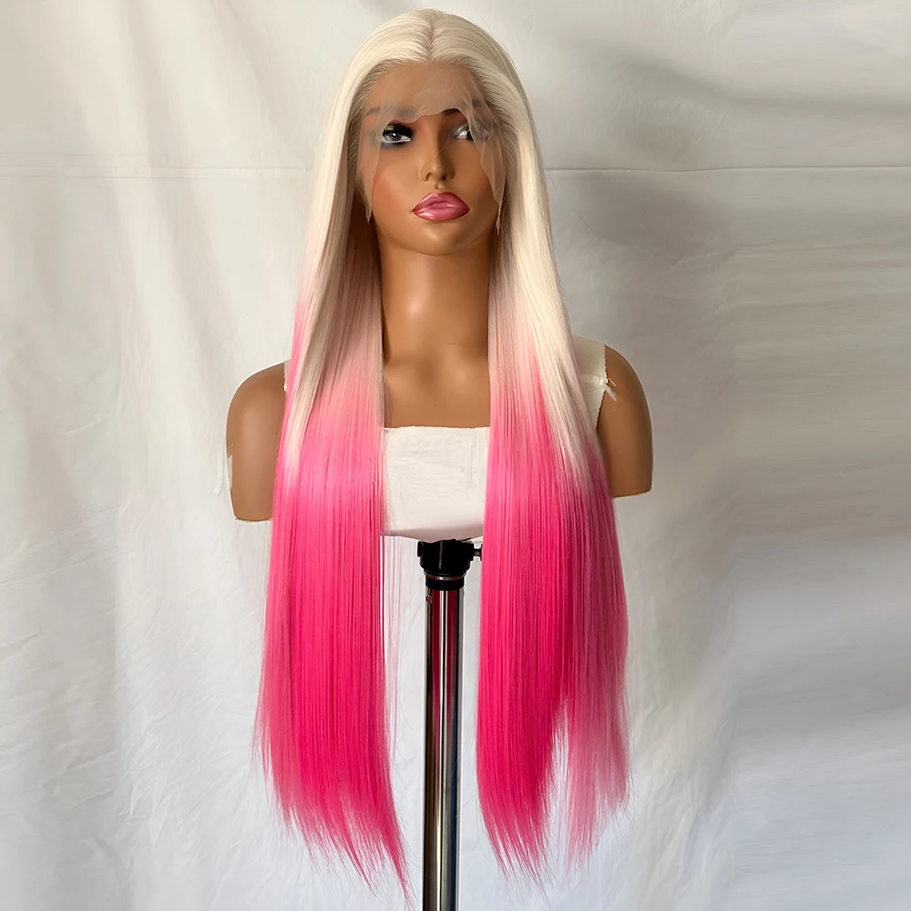 Platinum Blonde To Hot Pink Synthetic Lace Front Wigs For Women Natural Hairline Long Straight Hair Ombre Pink Lace Wigs Cosplay