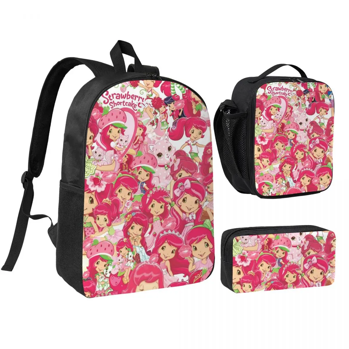 Like Strawberry ShortCake Backpack Student BookBag School Bag Shoulder Bags 3ps Insulated Lunch Bag Pencil Case