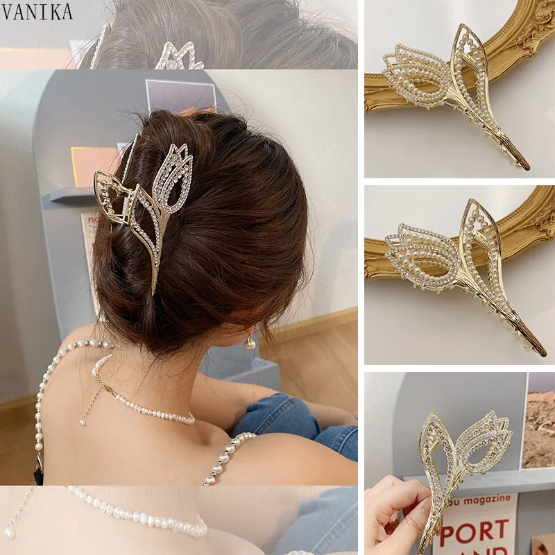 Fashion pearl tulip catch clip female summer large Ponytail Claw Clip shark clip geometric  WOMAN HAIR CLIP Heawear accessory