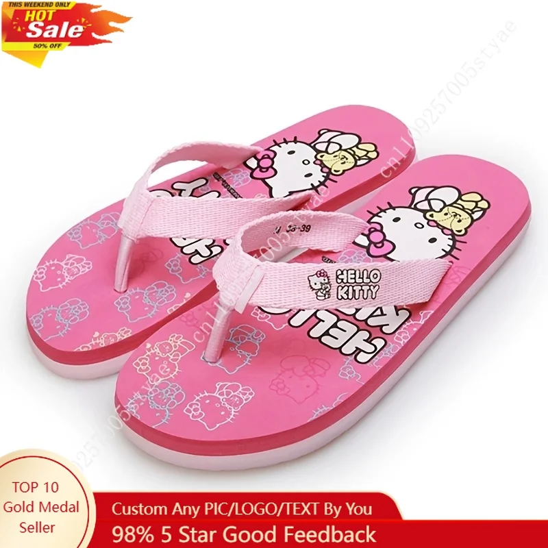 

SANRIO Pink Hello Kitty Girls' Summer Cartoon Cute Slip-On Flip Flops for Indoor and Outdoor Use Bathroom Sandals for Teenager