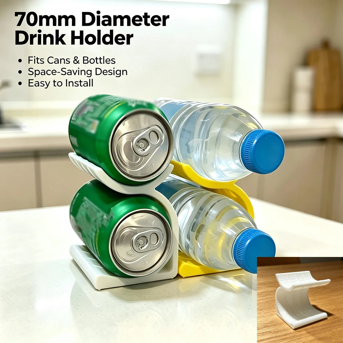 70mm Stackable Drink Holder, Multi-Purpose Can & Water Bottle Organizer, Space Saving Refrigerator Beverage Storage Rack