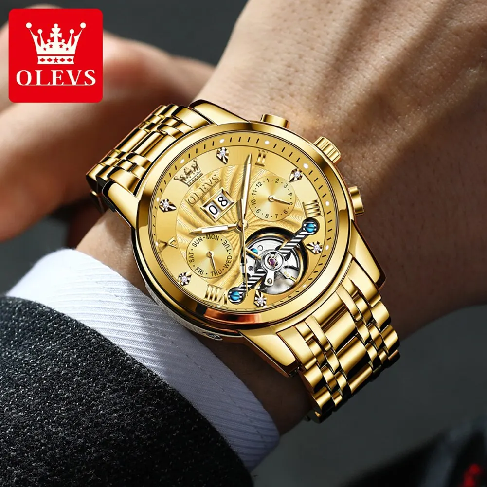 OLEVS orologio da uomo automatico meccanico Tourbillon Slef-Wind cinturino in acciaio inossidabile di lusso impermeabile orologio da polso con data