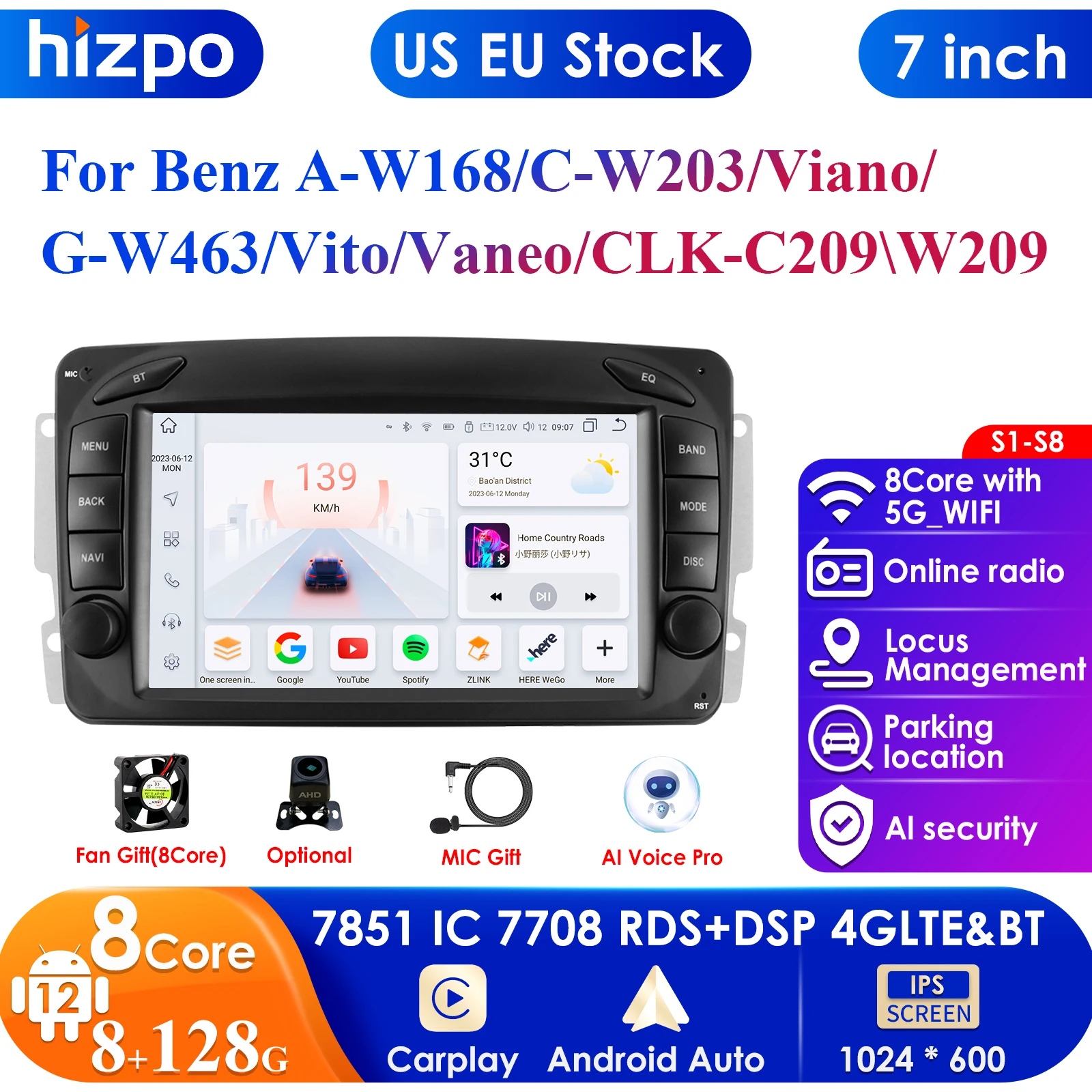 7'' DSP 2Din Android 13 Car Radio for For Mercedes Benz CLK W209 W203 W463 W208 Car Multimedia Player GPS 2din Autoradio Stereo