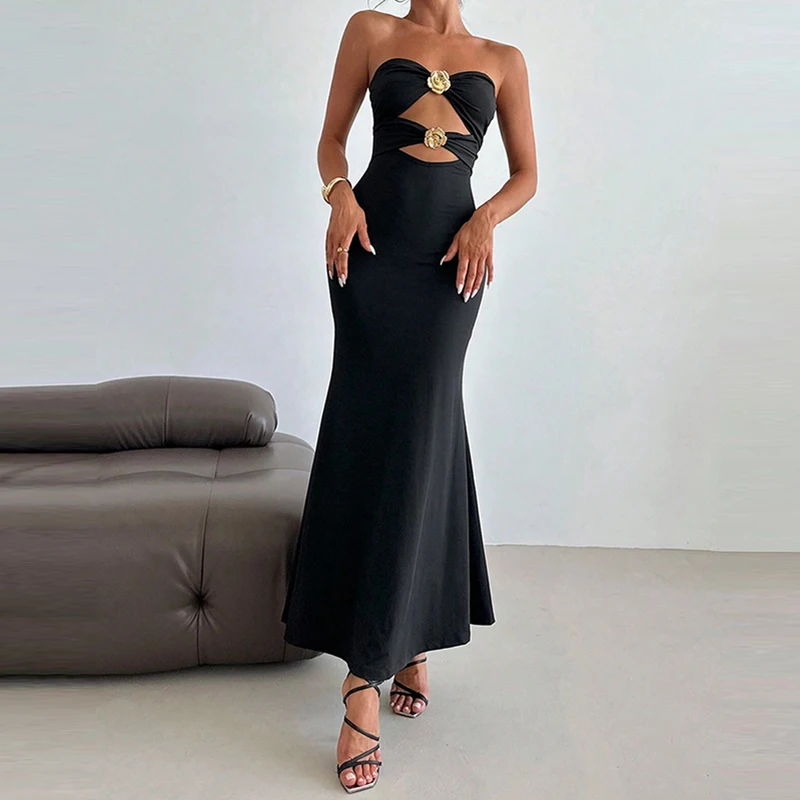 Sexy Tube Top Solid Color Bodycon Long Dress Elegant Hollow Out Metal Buckle Slim Evening Dress Temperament Sleeveless Prom Gown