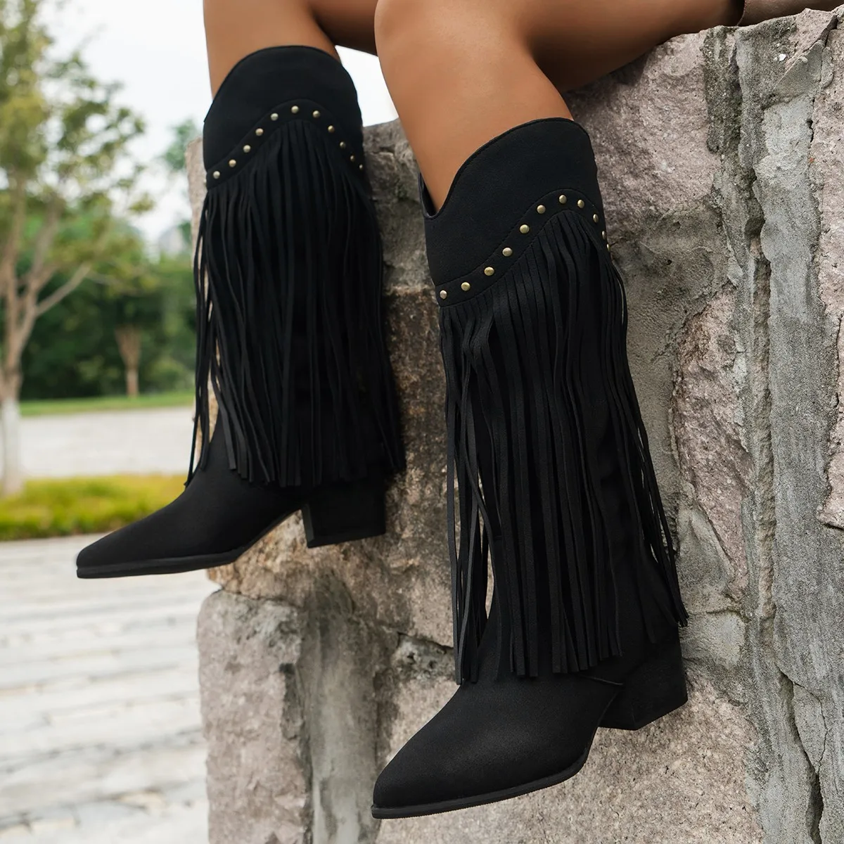 Plus Size 43 Women's Tassels Western Knee High Boots Cowboy Cowgirl Boots Chunky Heel Platform Boots Women Western Shoes view 4