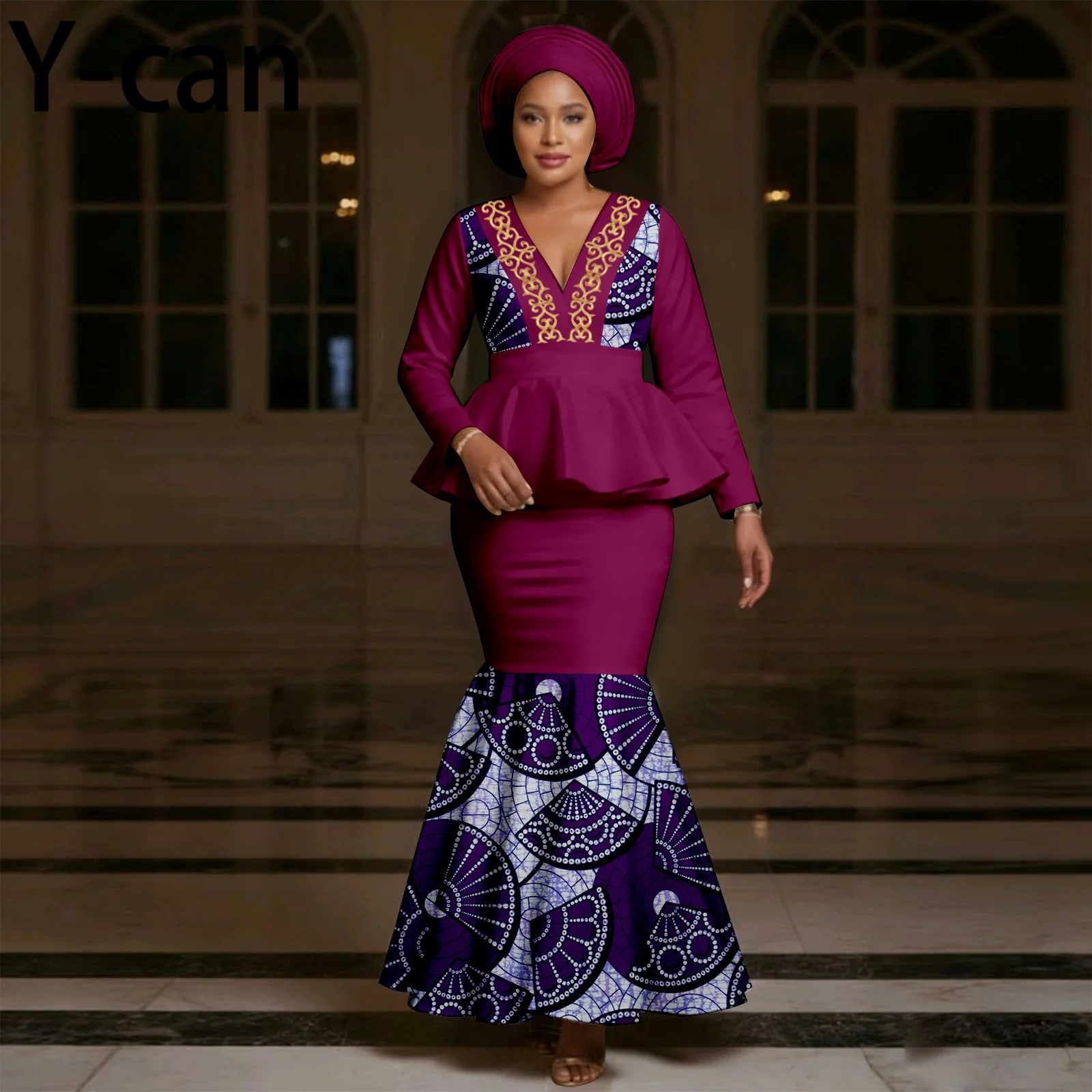 

Роскошное африканское свадебное платье для женщин с принтом Анкара, V-образным вырезом, рюшами, юбкой-русалкой и головным платком 2626021