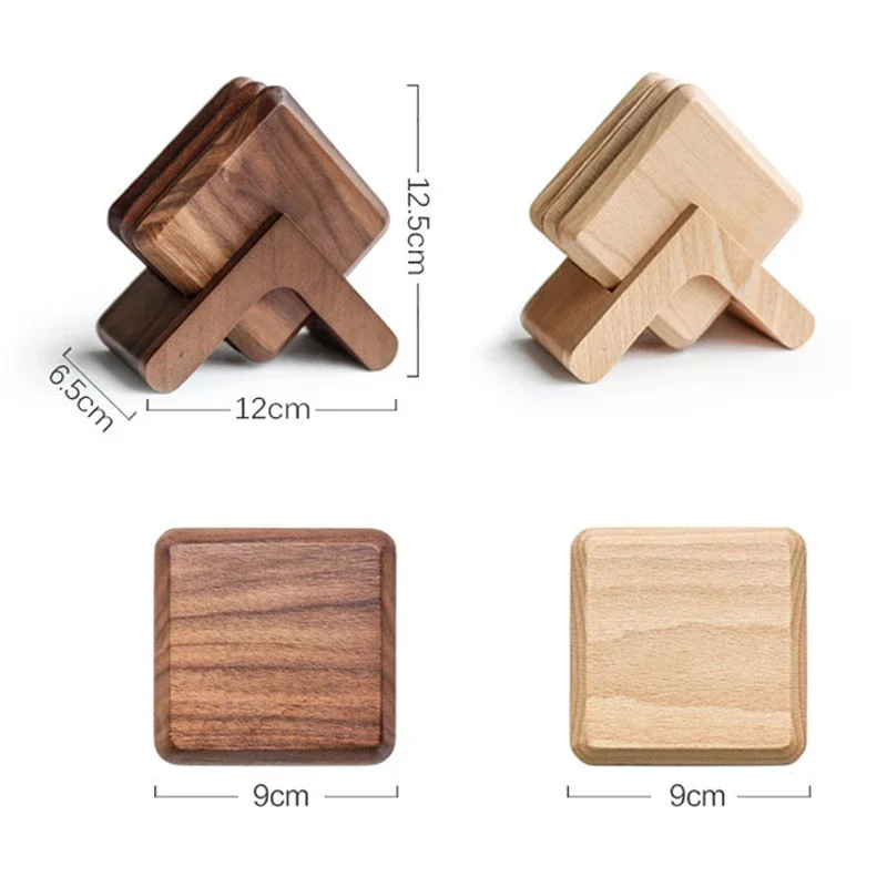 6Pcs Wood Coaster Set with Holder Square Wooden Drink Coasters Cup Mats Black Walnut Coffee Coaster Placemats Table Accessories