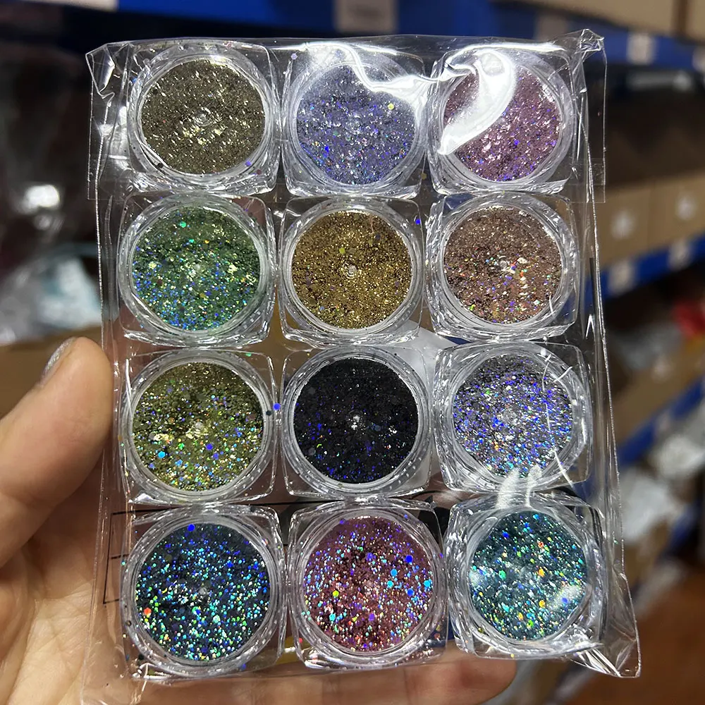 Holographic Laser Nail Art Glitter 12/24Box/Set 3D Nail Sequins Metallic Flake Acrylic Powder Dust Shining Paillette Holographic