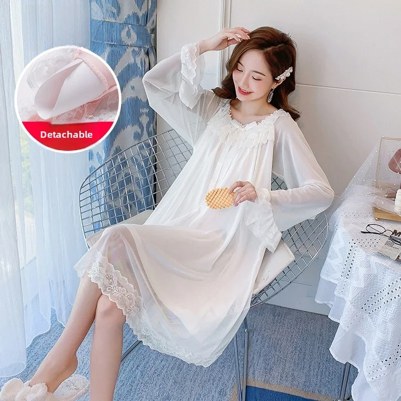 Women's Long Sleeve Lace Sleep Dress with Chest Pad Autumn Style Princess Court Korean Version Long Nightgown Comfortable Sle...