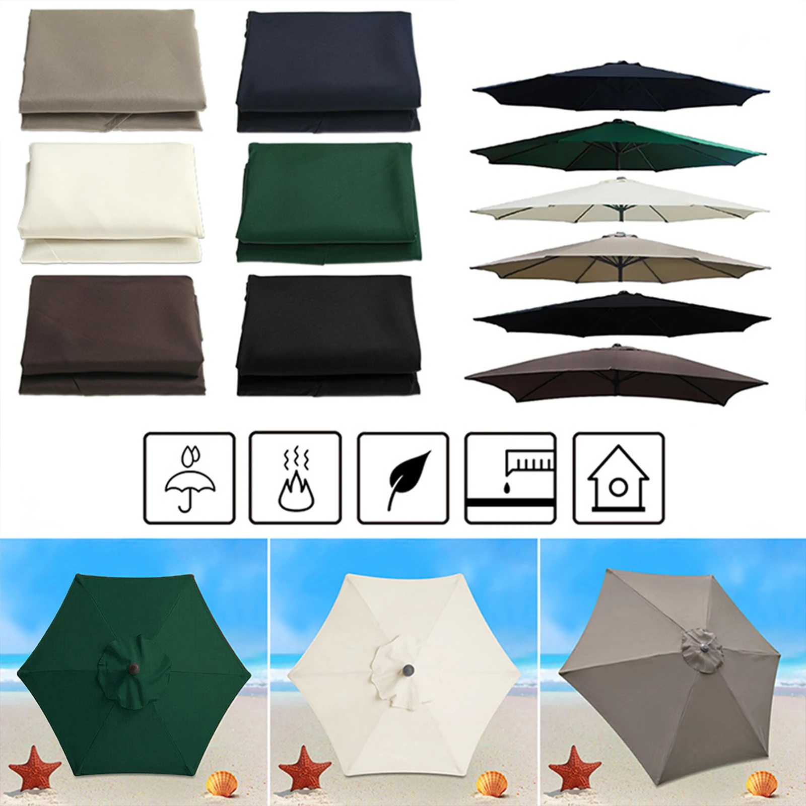 Sun Shadecloth Umbrella Replacement Canopy Sail Waterproof Parasol Pool Outdoor Courtyard Rain Cover UV Duty Swimming