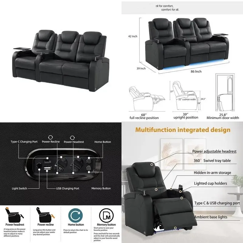 Gray 3 Seater Home Theater Recliner Sofa Minimalist Top Grain Leather Gaming Seat with Charger for Movies and Games
