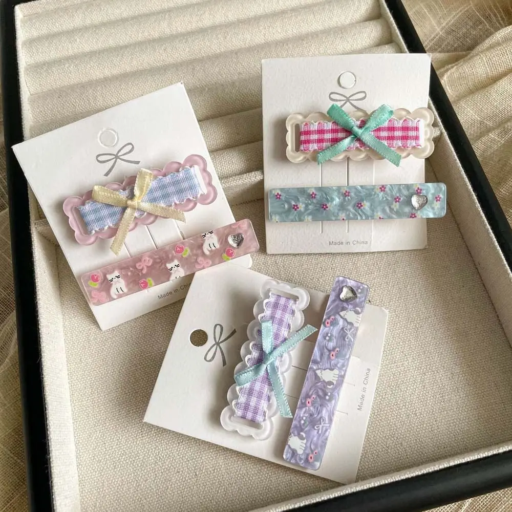 

2Pcs/set Korean Style Bow Plaid Hair Clip Barrettes Love Heart Cartoon Cat Hairpin Vacation Headwear Pink Korean Hair Clip