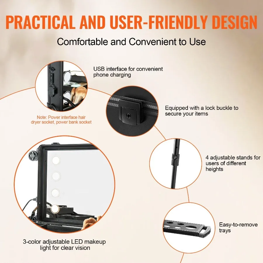 VEVOR Make-up-Zugetui mit Schloss, beleuchtetem Spiegel, 4 Aufbewahrungstabletts, Bürstenhalter, Reise-Kosmetik-Organizer, Box mit drehbaren Rädern, Pr